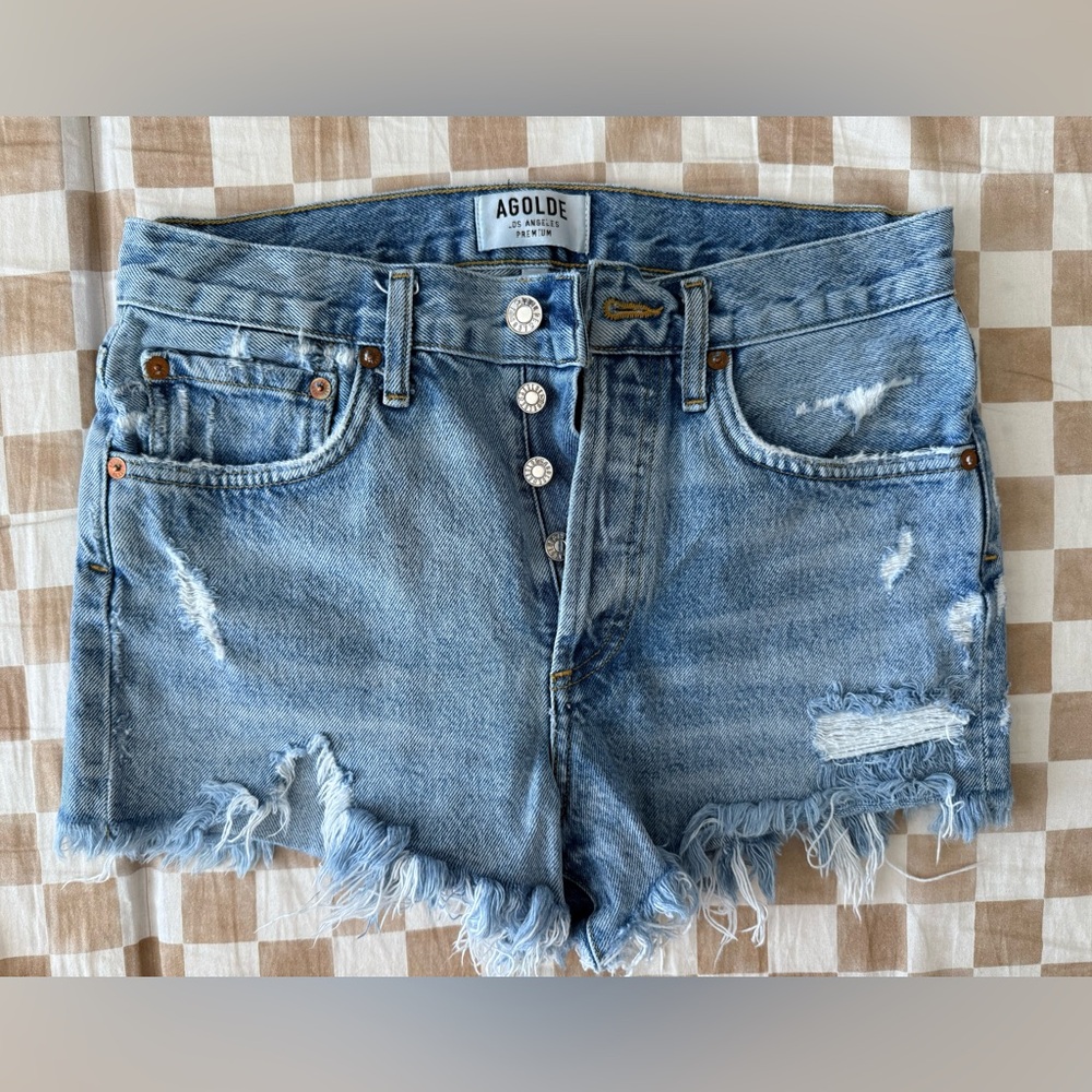 Agolde Blue Jean Shorts with Distressed Frayed Hem